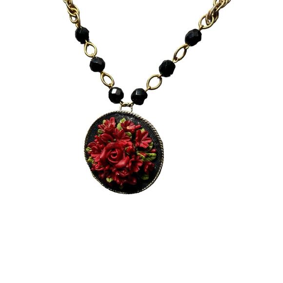 Vintage Red Carved Rose Brooch Pin Gold Tone Textured Pendant Necklace Mexico - Picture 4 of 7